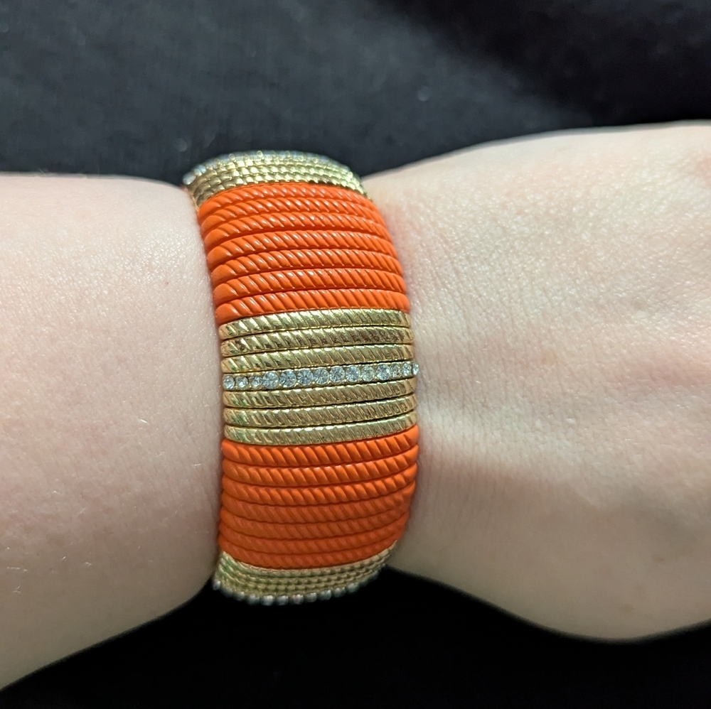 Gold Tone Clear Rhinestone Orange Stretchy Elastic Statement Bracelet